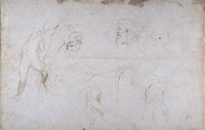 Studier av en mansfigur bunden till ett träd och av två manshuvuden, ca 1601 (penna och bläck på papper) av Peter Paul Rubens