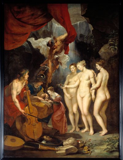 The Education of Mary of Medicis Allegorie som representerar undervisningen av den unga drottningen Maria av Medicis (1573-1642) mellan Minerva, Mercury, Apollo och de tre gracerna. Målning av Pierre Paul (Pierre-Paul) Rubens (eller Peter Paul eller Petrus av Peter Paul Rubens