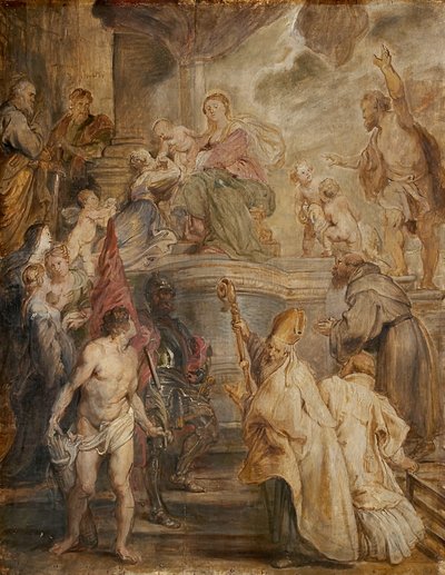 Den heliga Katarinas mystiska bröllop (färgskiss till altaret i augustinerfädernas kyrka i Antwerpen), verso: två kavalleristrider av Peter Paul Rubens