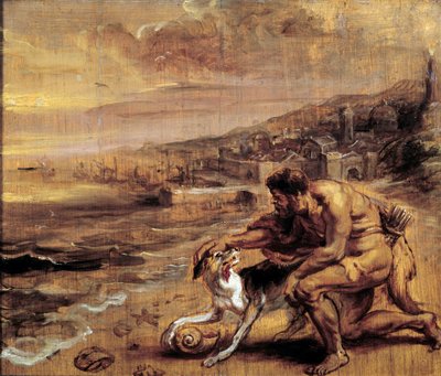 Upptäckten av den lila En feniker hittar tack vare sin hund ett skal (Murex) som producerar den röda tinkturen. Tvättmålning av Pierre Paul (Pierre-Paul) Rubens (eller Peter Paul eller Petrus Paulus) (1577-1640) 1600-talet sön. 0,28x0,34 m Bayonne, Musee B av Peter Paul Rubens