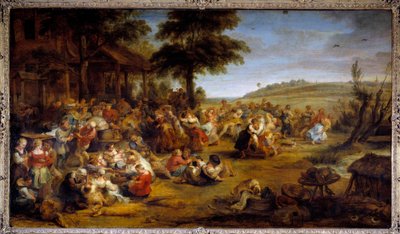 Mässan eller bröllopet i byn. Tabell som representerar ett landsparti. Målning av Pierre Paul (Pierre-Paul) Rubens (eller Peter Paul eller Petrus Paulus) (1577-1640), flamländsk skola, cirka 1635-1638. Olja på trä. Mått: 1,49 X 2,61 m. Musée du Louvren - T av Peter Paul Rubens
