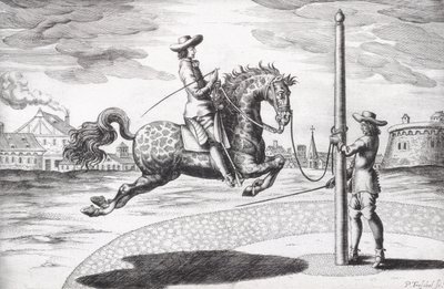 A Horse en Capriole från New Treatise for Breeding Horses skriven av Winters, Stuterey och Reit-Schul, graverad av konstnären, pub. 1672 gravyr av Peter Paul Troschel