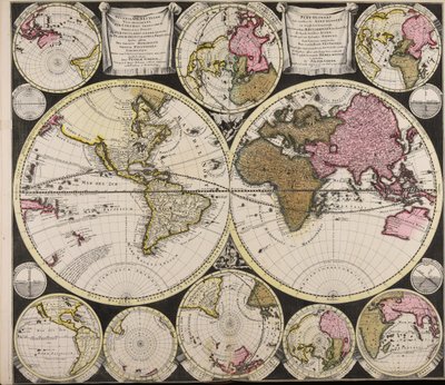 Diversa orbis Terrae visu incedente per coluros Tropicorum ambos ejus polos et particularis sphaerae zenith in planum orthographica projectio quibus additae pro variato horizonte omnium positiones eorumdemque mutua cum circulis caelestibus relatio  Plat O av Peter Schenk the Elder