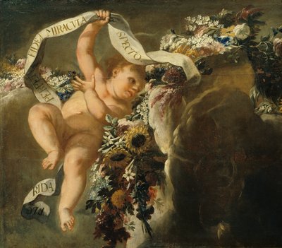 Putto med blommig tråd och banderoll av Peter Strudel