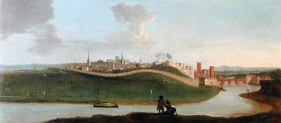 Vy över Chester, med två figurer vid floden i förgrunden (olja på duk) av Peter Tillemans
