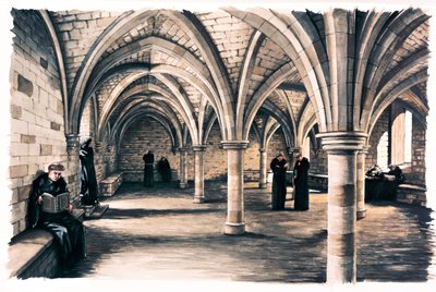 Munkar i det gemensamma rummet i Battle Abbey, East Sussex, 1100-talet c1990-c2010 av Peter Urmston