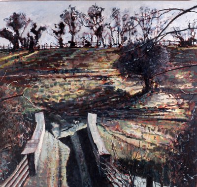 Bridge and Dog, 2000 (olja på duk) av Peter Wilson