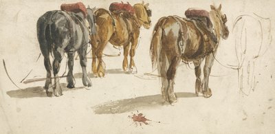 Tre vagn-hästar i spår, bakifrån (akvarell på papper0 av Peter de (attr.) Wint