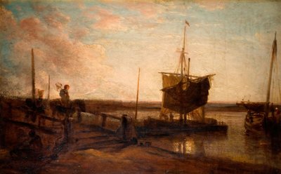 Brygga med båtar, 1800-50. av Peter de Wint