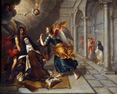 Den heliga Therese av Avila (av barnet Jesus) (1515-1582) möter ängeln som genomborrar hjärtat av sin gyllene darter Målning av Peter Van Lindt (1600-talet) Dim. 85x70 cm Genes, Galleria di Palazzo Bianco av Peter van Lint