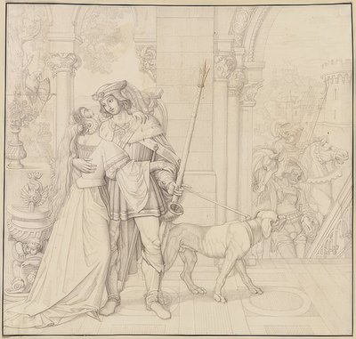 Sju teckningar på Nibelungarna: 4. Siegfried förberedde sig för jakten. 1812-17 av Peter von Cornelius
