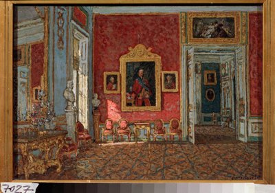 The Crimson Drawing Room i Kuskovo Palace (Moskva, Ryssland) - Den lila salongen i Kuskovo Palace - Målning av Pyotr Ivanovich Petrovichev (Piotr Petrovichev) (1874-1947), olja på duk av Petr Ivanovic Petrovichev