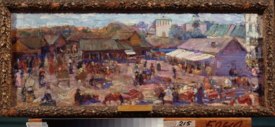Marknaden i Pskov (Ryssland). Verk av Pyotr Ivanovich Petrovichev (Piotr Petrovichev) (1874-1947), olja på kartong av Petr Ivanovic Petrovichev