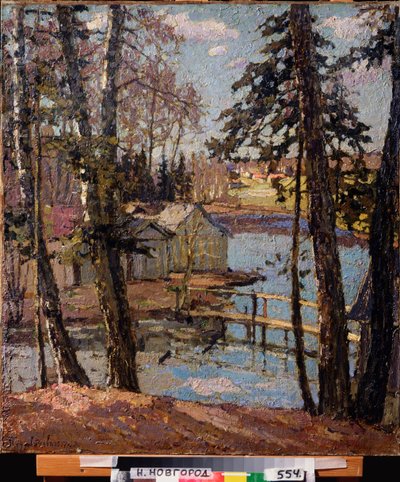 Vår. Vid en damm. Målning av Pyotr Ivanovich Petrovichev (Pyotr Petrovichev) (1874-1947), olja på duk av Petr Ivanovic Petrovichev