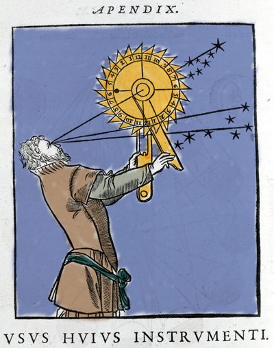 teckning av Apianus (1539) Med hjälp av en anordning som används för att beräkna tiden i förhållande till stjärnorna på natten (natten). Cosmographia av Pietro Apiano, Paris 1551. av Petrus Apianus