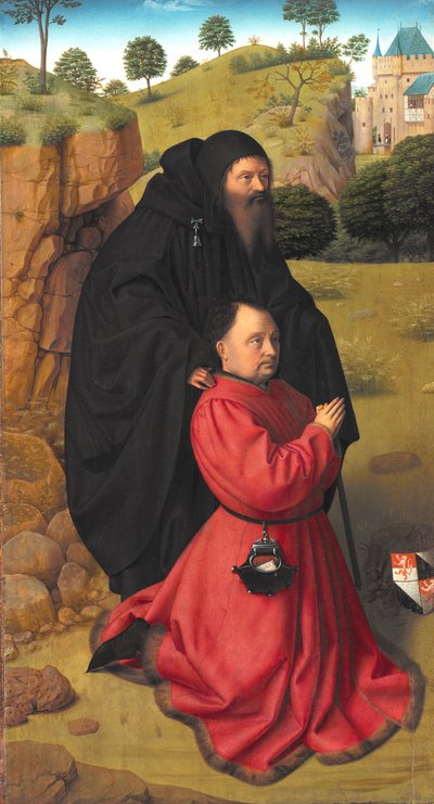 Altarpanel med ett porträtt av en donator i Scarlet under beskydd av St Anthony av Petrus I Christus