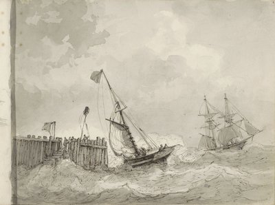 Två segelfartyg vid en förtöjning av Petrus Johannes Schotel (circle of)