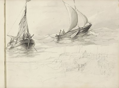 Två segelfartyg med figurer till havs av Petrus Johannes Schotel (circle of)