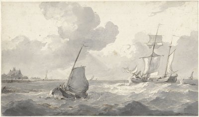 Två-master och fiskebåt utanför kusten av Petrus Johannes Schotel