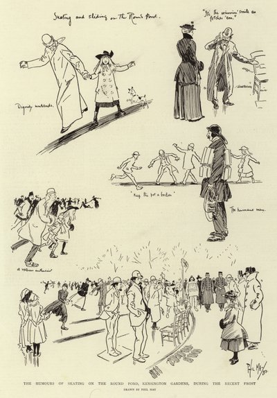 The Humors of Skating på Round Pond, Kensington Gardens, under den senaste tidens frost av Phil May