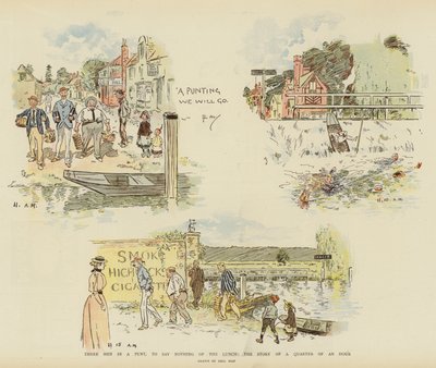 Three Men in a Punt, to Say Nothing of the Lunch, the Story of a Quarter of an Hour (chromolitho) av Phil May