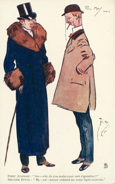 Två herrar som pratar om cigaretter och träning (färg litho) av Phil May