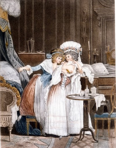 Debucourt. Den återupplivade fågeln. En kvinna lägger en sjuk liten fågel under sitt bröst för att återuppliva det. Gravyr. av Philibert Louis Debucourt