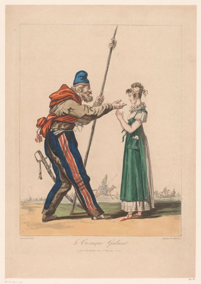 Meisje sätter Kozak Den galna kosacken. (titel på objekt) Kostuumprenten van Debucourt (serietitel) Samling av kostymer hämtade från naturen (serietitel) av Philibert Louis Debucourt