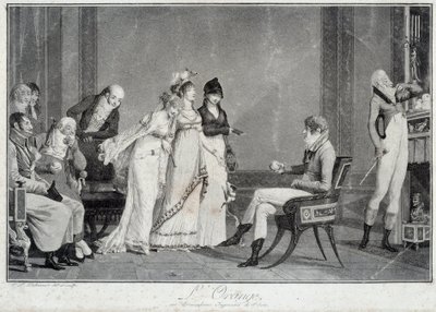 Den orange eller moderna domen i Paris Parodi på domen i Paris som iscensätter en ung man i stil med Directoire (Otroligt) att välja mellan tre underbara. Tryck av Philibert Louis Debucourt (1755-1832) 1800 runt Paris, Musee Carnava av Philibert Louis Debucourt
