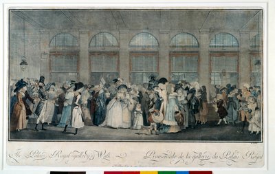 Gå genom galleriet i det kungliga palatset 1787. Gravyr av Louis Philibert Debucourt (1755 - 1832) av Philibert Louis Debucourt