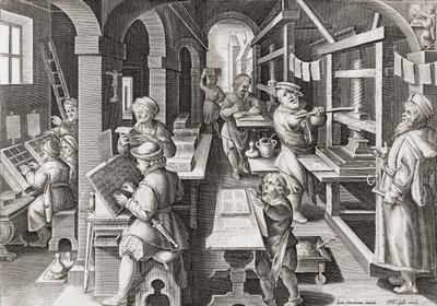 Ett europeiskt tryckeri cirka 1590 (gravyr) av Philip (after) Galle