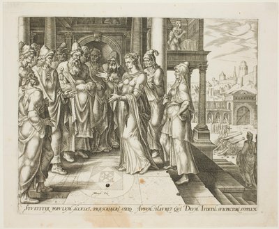 Judith tilltalar de äldste från Bethulia, tallrik tre från The Story of Judith and Holofernes av Philip Galle