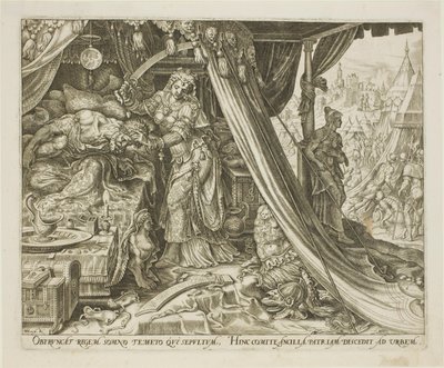Judith Slaying Holofernes, tallrik sex från The Story of Judith and Holofernes av Philip Galle