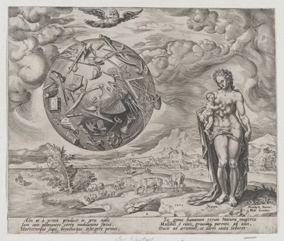 Man född att slita, från The Reward of Labor and Diligence, skylt 1, 1572., 1572. av Philip Galle