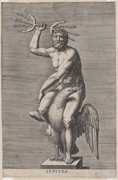 Tavla 2: Jupiter, staty av den nakenguden som sitter på en örn och håller i en dubbel treudd, från..., 1586. av Philip Galle