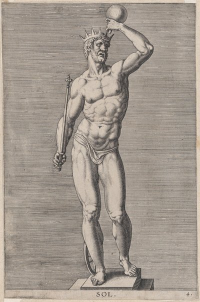 Plåt 4: Apollo, staty av den nakna guden som står på en sockel, bär en krona och håller en..., 1586. av Philip Galle