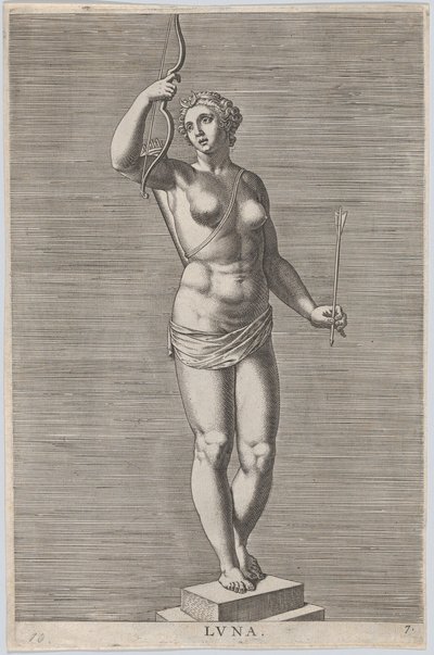 Plåt 7: Diana, staty av den nakna gudinnan som står på en socle, bär en halvmåne i..., 1586. av Philip Galle