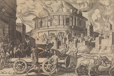 Kaldeerna som bär bort pelarna i Jerusalems tempel, från The Disasters of ..., 1569. av Philip Galle