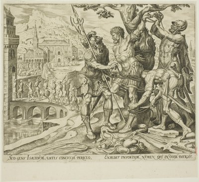 Israeliterna hittar Achior bunden till ett träd, tallrik två från The Story of Judith and Holofernes av Philip Galle