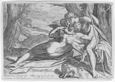 Venus och Adonis, från serien The Story of Adonis, ca. 1579., ca. 1579. av Philip Galle