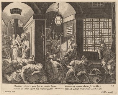 Sankt Peter befriad från fängelset av en ängel av Philip Galle after Jan van der Straet