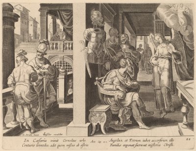 Ängeln befaller Cornelius att hämta Sankt Peter av Philip Galle after Jan van der Straet