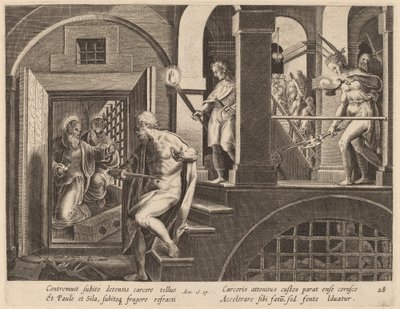 Fångvaktaren på väg att döda sig själv, konverterad av Saint Paul av Philip Galle after Jan van der Straet
