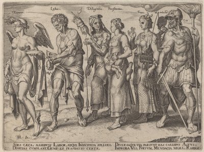 Tur, arbete, flit, sparsamhet, bedrägeri (ärliga och oärliga sätt att bli rik) av Philip Galle, after Maerten van Heemskerck