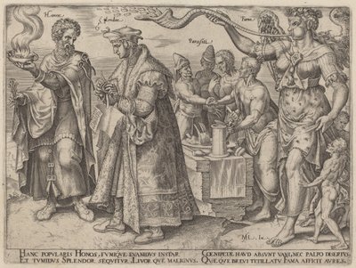 Heder, prakt, parasiter, berömmelse (Rikdomens bedrägliga effekter) av Philip Galle, after Maerten van Heemskerck