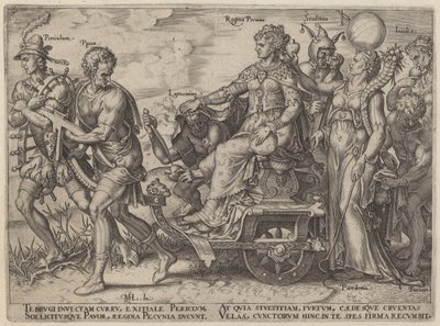 Fara, fattig, rån, drottning av pengar, dårskap, avund (faror och laster som följer med rikedom) av Philip Galle, after Maerten van Heemskerck