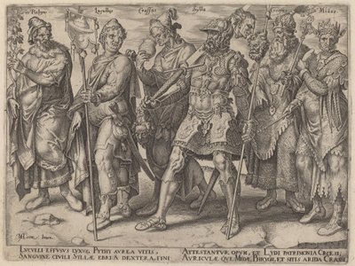 Pythius, Lucullus, Crassus, Sylla, Croesus, Midas (ökända exempel på rikedom från antiken) av Philip Galle, after Maerten van Heemskerck