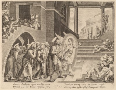 Apostlarna befriade från fängelset av en ängel av Philip Galle after Maerten van Heemskerck