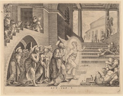 Apostlarna befriade från fängelset av en ängel av Philip Galle after Maerten van Heemskerck