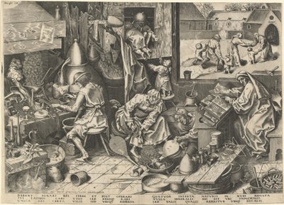 Alkemisten av Philip Galle after Pieter Bruegel the Elder